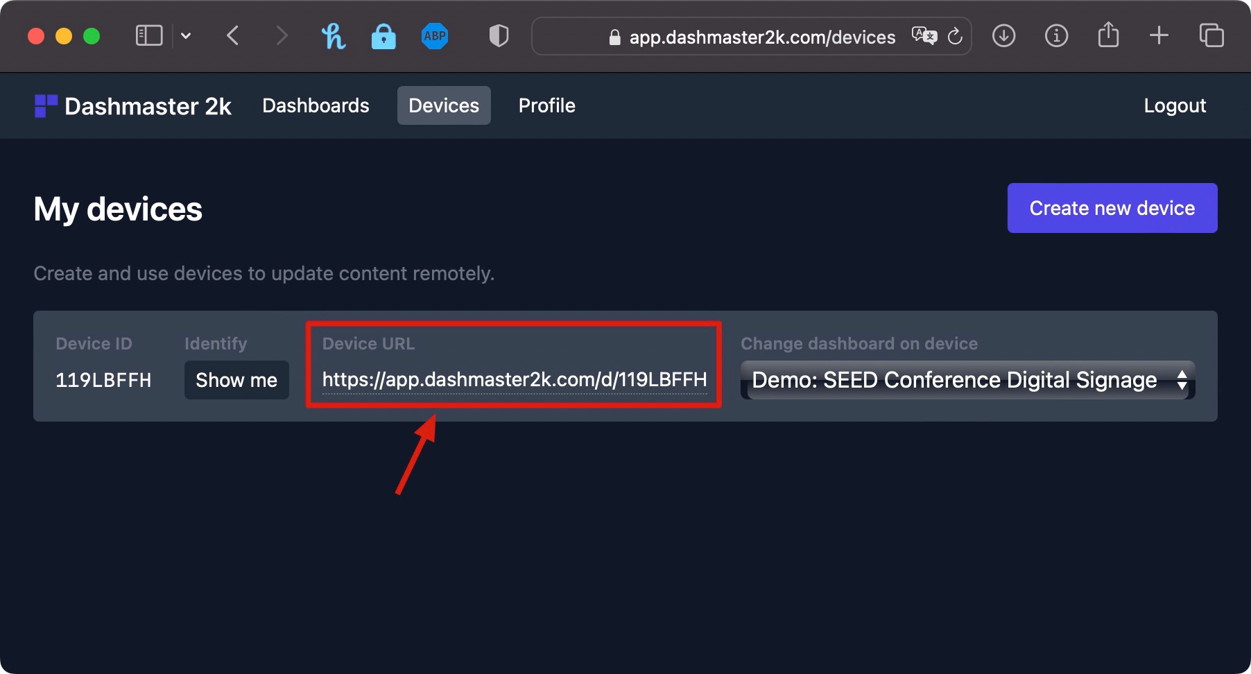 Copy the unique device URL