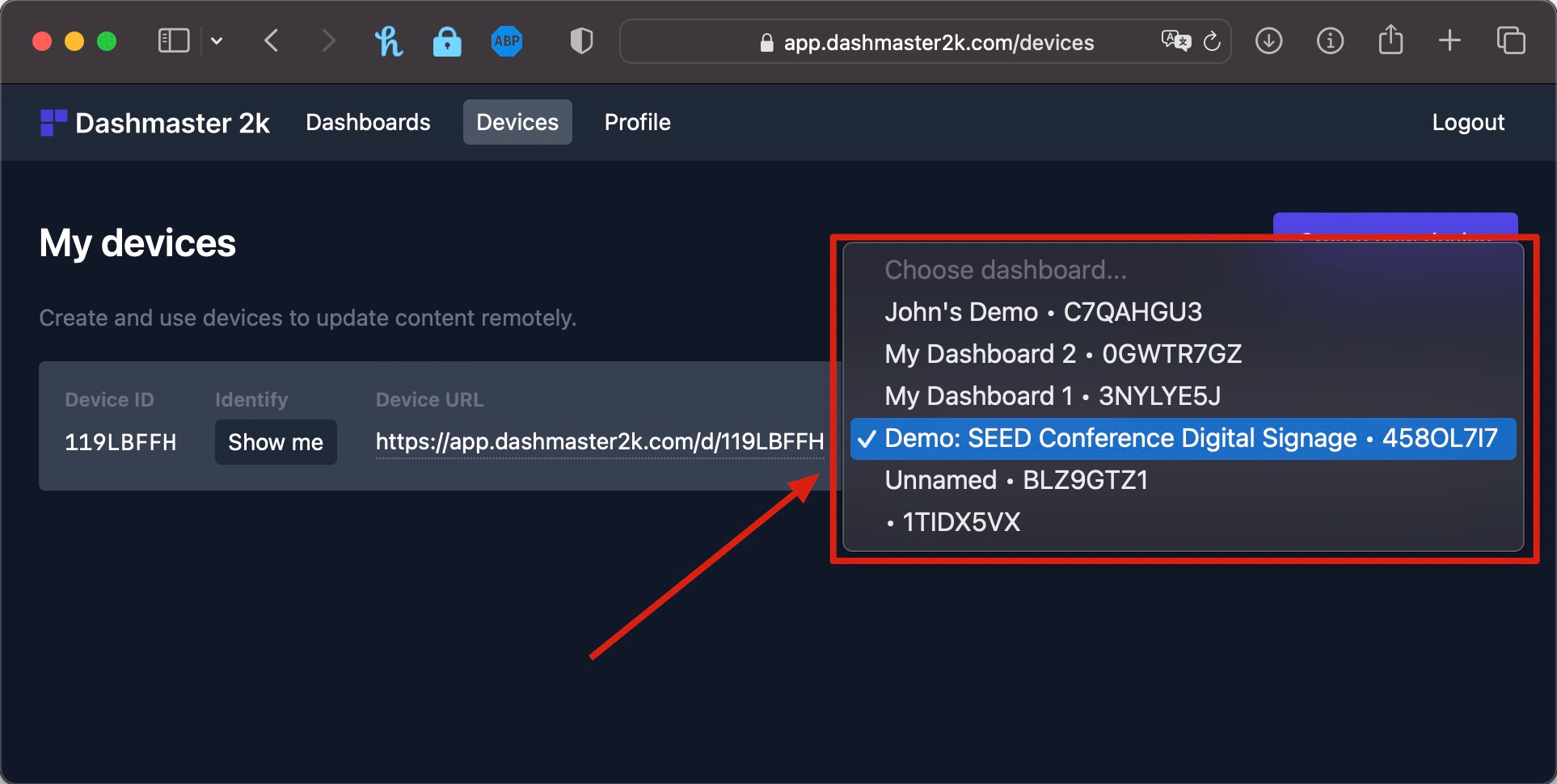 Assign new dashboard from dropdown