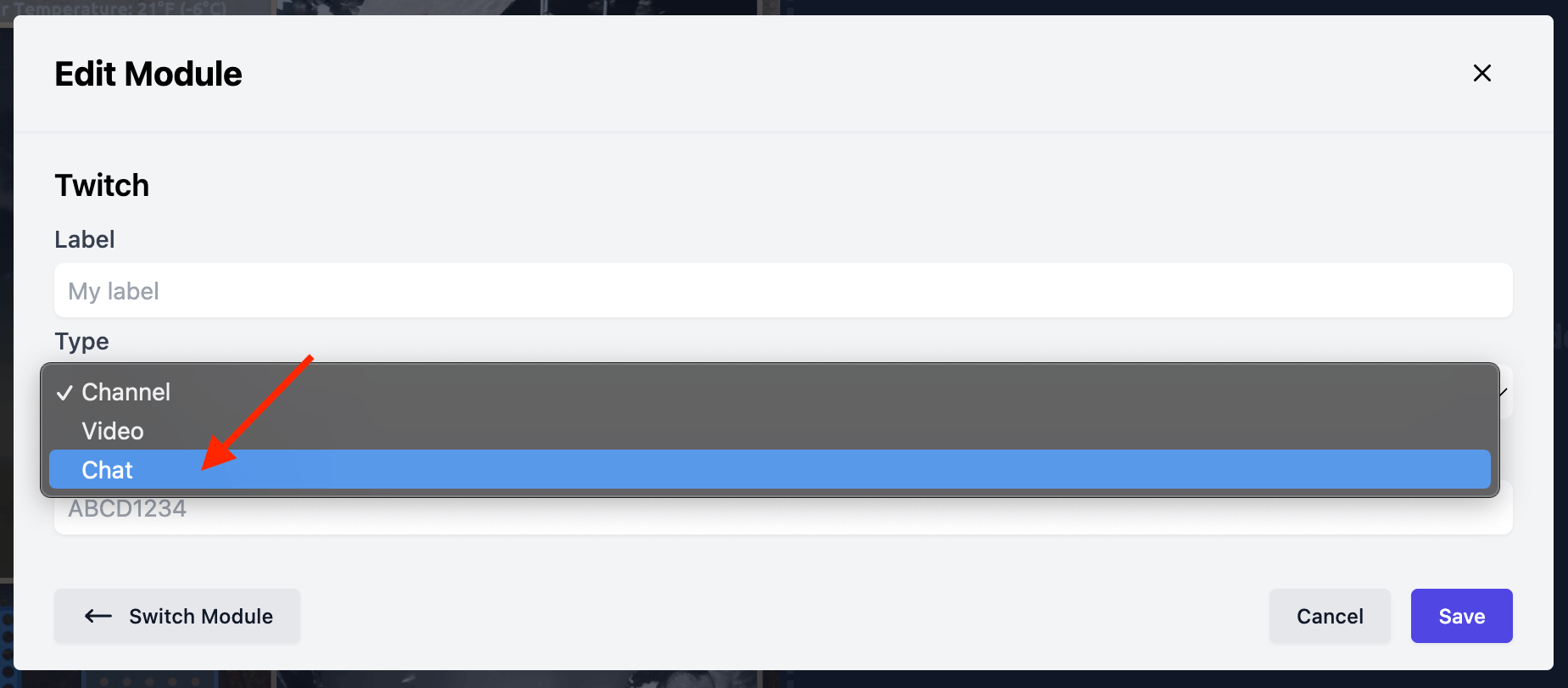 Selecting Twitch live chat